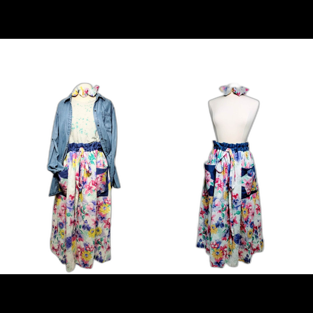 Handmade skirt, pockets. Tie waist. floral cotton. Blue, pink. Scrunchie. L-2XL